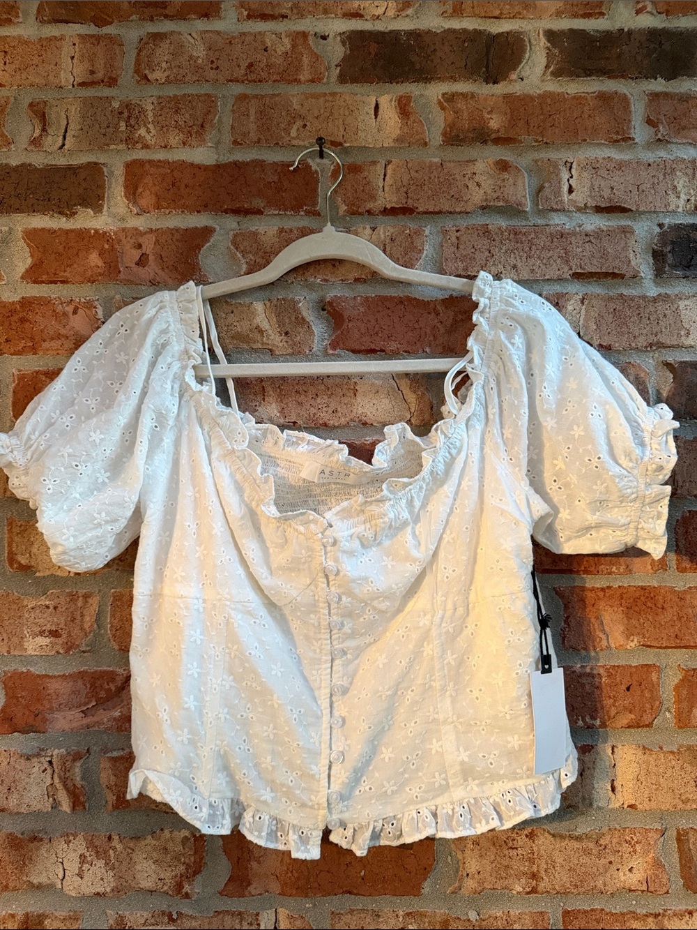 Astr White Eyelet Button-Front Peasant Top